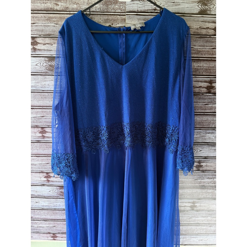 Ulla Popken Womens Size 30 Royal‎ Blue Lace Trim Mesh Sleeve V-Neck Maxi Dress